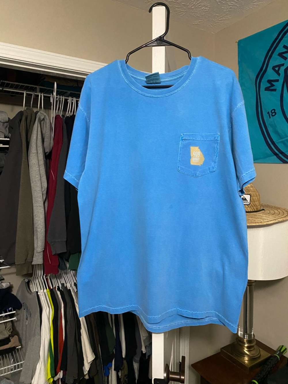 Comfort Colors Sky Blue Short Sleeve Pocket Tee with Yellow Patch